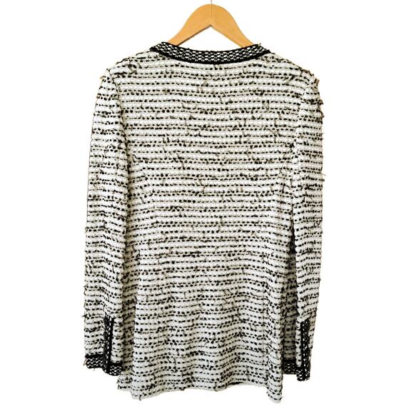 ST. JOHN Knit Ribbon Tweed Jacket Size 4 Zip Front Ivory Black Collarless Blazer - Picture 7 of 11